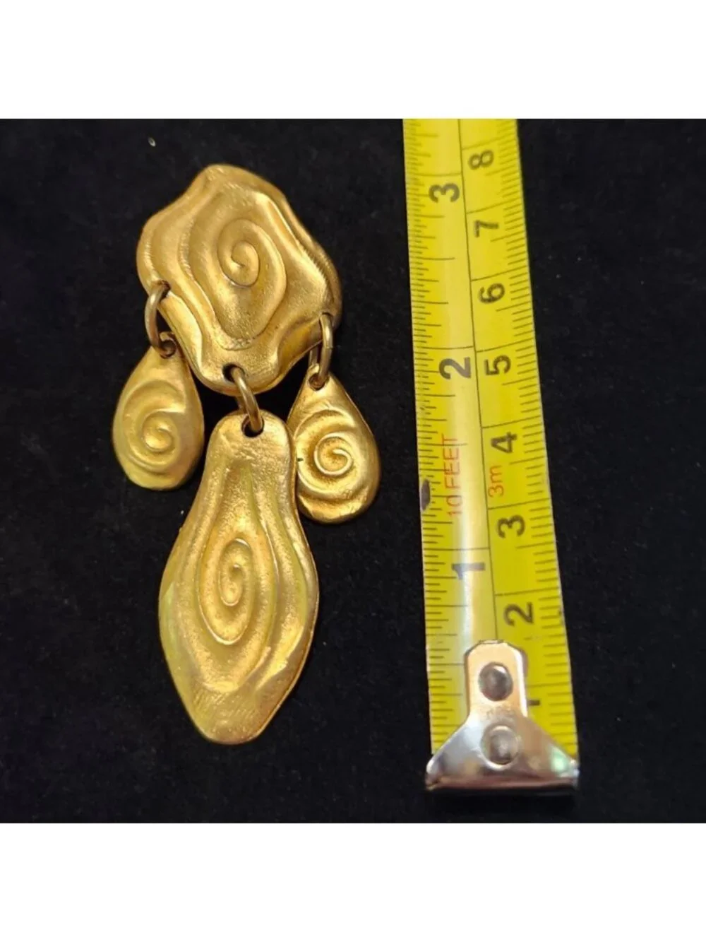 Heavy Brushed Gold Tone Dangle Earrings Swirl Pattern - 1980s Runway Style Bold